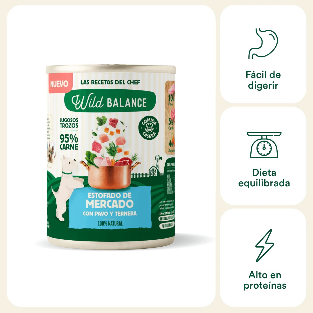 Lata de Estofado de Mercado con Pavo y Ternera para Perros (400gr) - Wild Balance - Imagen 2